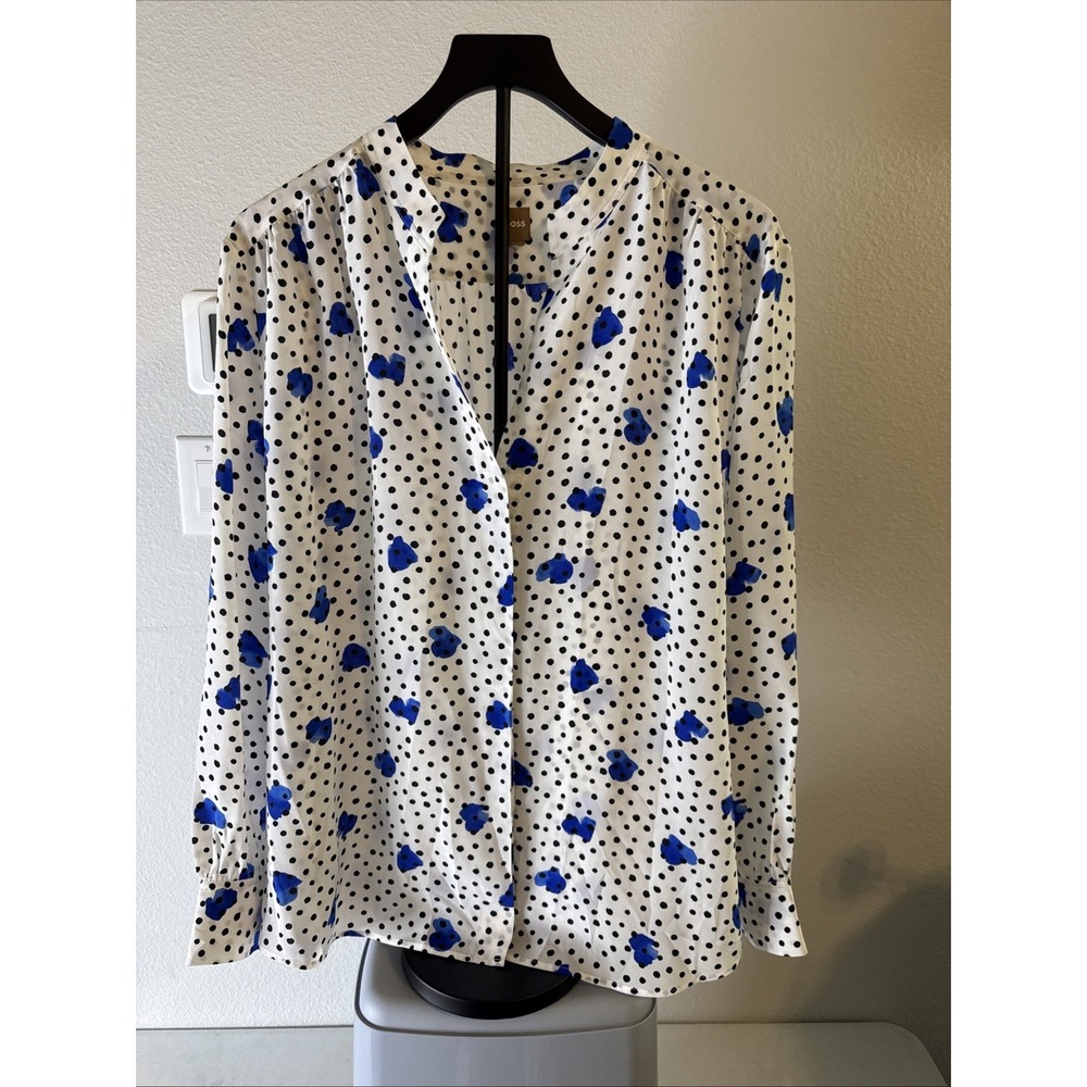 Boss Women's Blue/White/Black Polka Dot Button Down Long Sleeve Blouse Size 14